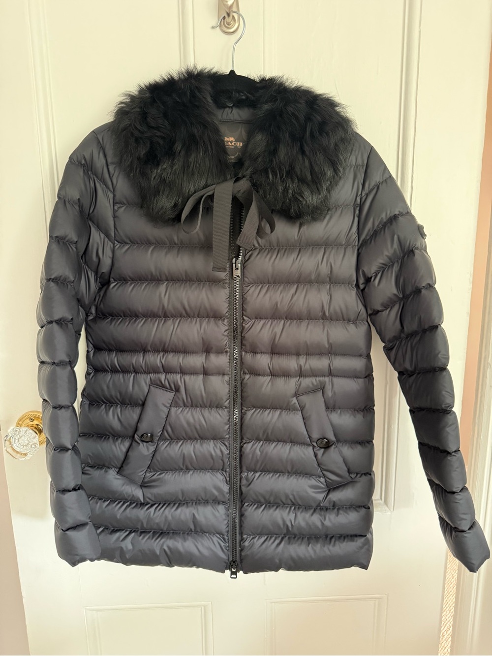 Coach Black Quilted Puffer Jacket with Faux Fur Trim